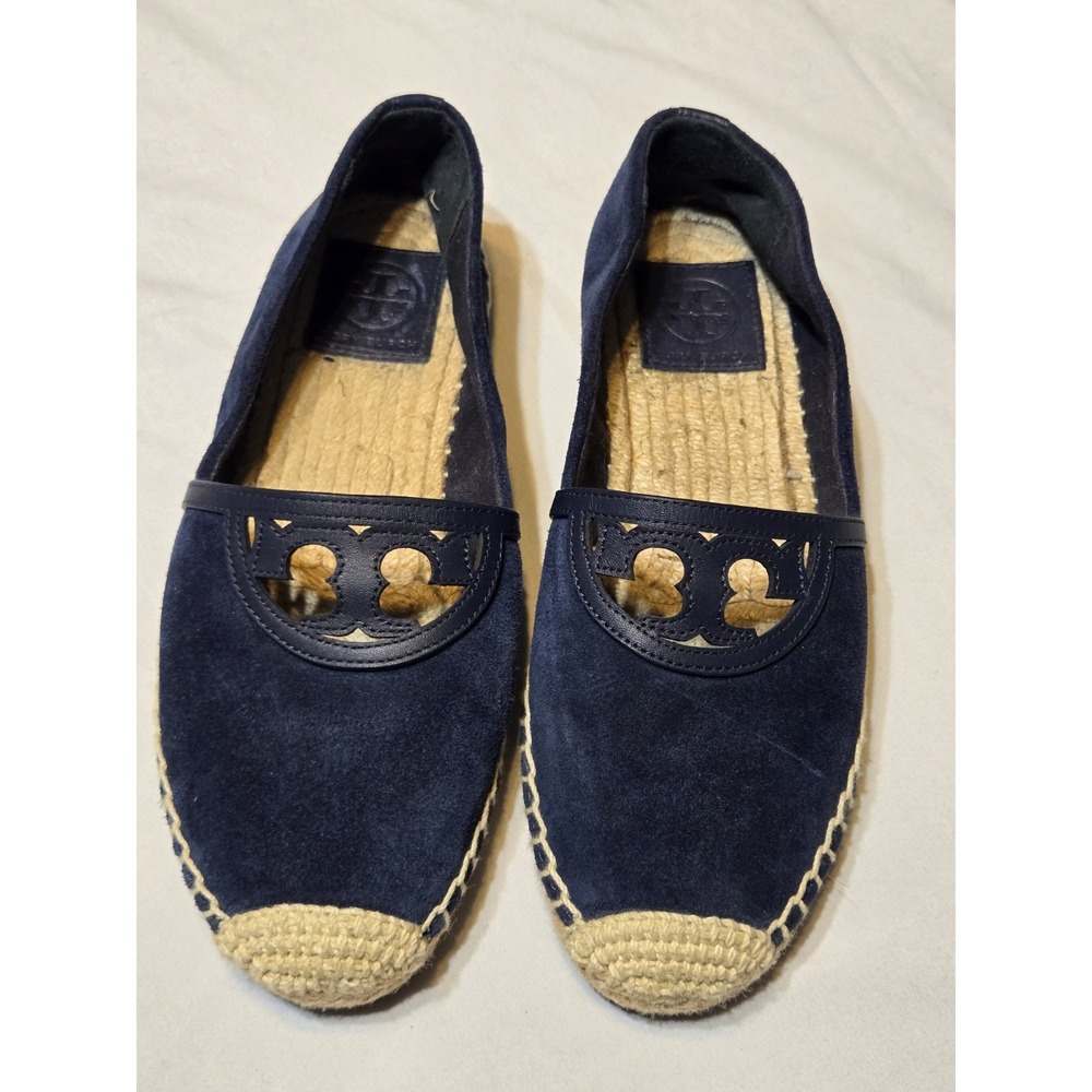 TORY BURCH Size 6.5M SIDNEY Natural Canvas Logo Espadrilles Flats Shoes Navy Lux